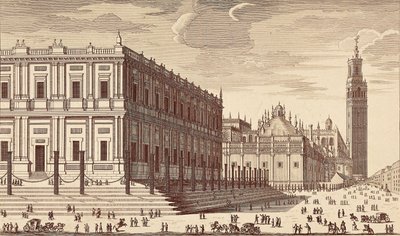 Lonja de Comercio ("Kaupparakennus") ja osittainen näkymä Sevillan katedraaliin. Kaiverrus. ESPANJA. MADRID (AUTONOMINEN ALUE). Madrid. Kansalliskirjasto tekijältä Unbekannter Künstler