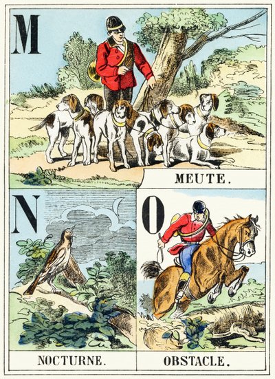 M N O : Meute, Nocturne, Este - Metsästysaakkoset, n. 1890 (kaiverrus) tekijältä Unbekannt