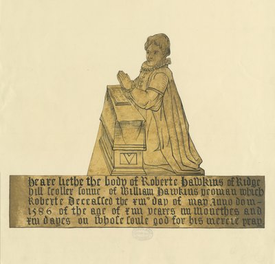 Madeley Church - Muistomerkki Robert Hawkinsille: vesiväri- ja mustemaalaus, nd [?1800-luku] tekijältä Unbekannt