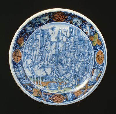 Maiolica-lautanen, joka on koristeltu kuun jumalattaren Dianan allegorialla, italialainen (keraaminen) tekijältä Unbekannt