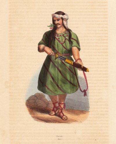 Karen-heimon mies (Karene tai Karyang) (Burma, Myanmar) - Etelä-Burman karen-heimon mies - Käsinväritetty puupiirros teoksesta "Mores, Uses et Costumes de tous les Peoples du Monde, Asia", kirjoittanut Auguste Wahlen, Jean Francois Nicolin salanimi. tekijältä Unbekannter Künstler