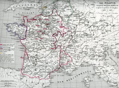 Kartta Ranskasta kuningas Kaarle VII:n aikana ja englantilaisten karkottamisen jälkeen vuosina 1422-1461 (Kartta Ranskasta kuningas Kaarle VII:n aikana) Houzen "Atlas Universel" -teoksesta peräisin oleva levy tekijältä Unbekannter Künstler