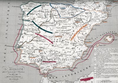 Kartta Espanjasta germaanisen Hispanian aikana, 409-585 (Kartta Espanjasta germaanisen Hispanian aikana) Kaiverrus Houzen "Atlas Universel" -teoksesta tekijältä Unbekannter Künstler