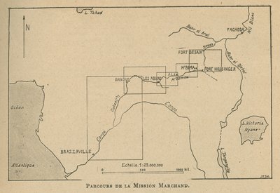 Kartta, joka näyttää Marchandin lähetysreitin vuonna 1898 (litho) tekijältä Unbekannt