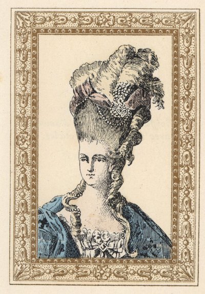 Ranskan kuningas Ludvig XVI:n puoliso Marie Antoinette, jolla on nauhojen ja helmien kruunaama hienostunut kampaus. tekijältä Unbekannter Künstler