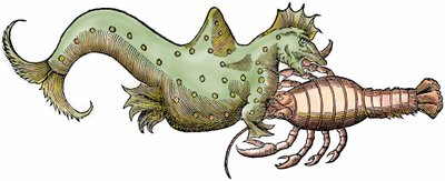 Merilohikäärme ja jättiläisäyriäinen, ksylografia otettu teoksesta "Paralipomena accuratissima historiae omnium animalium quae in voluminibus Aldrovandi desiderantur/Bartholomaeus Ambrosinus... summo labore collegit; Marcus Antonius Berna bibliopola bononi tekijältä Unbekannter Künstler