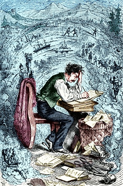 Mark Twain kirjoittaa teoksen "The Innocents Abroad", julkaistu ensimmäisen kerran 1869. Amerikkalainen kirjailija: 30. marraskuuta 1835 21. huhtikuuta 1910. tekijältä Unbekannt