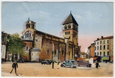 Midi Pyrenees, Haute-Garonne (31), Saint Gaudens (Saint-Gaudens): ulkokuva kollegiaalisesta Pyhän Pietarin ja Saint-Gaudensin kirkosta (Saint-Pierre ja Saint-Gaudens) - Postikortti vuodelta 1951 tekijältä William M. Timlin