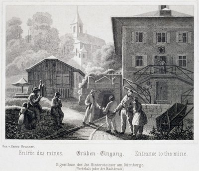 Suolakaivos: kaivoksen sisäänkäynti Durrnbergissä, Itävallassa, noin 1850 tekijältä Unbekannt