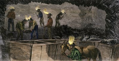 Kaivostyöläiset kaivamassa kaivosta ja lastaamassa hiiltä muulien käyttämiin pieniin vaunuihin Pennsylvaniassa. Värillinen kaiverrus vuodelta 1860. tekijältä Unbekannter Künstler