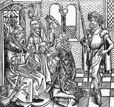 Mohammed hovissa, saksalainen puupiirros, Hartmann Schedelin Nürnbergin kronikasta (Liber Chronicarum) tekijältä William M. Timlin