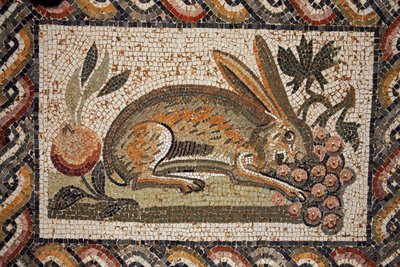 Mosaiikki, joka esittää jänistä, jolla on rypäleterttuja laiduntava vakoojakatso (2. vuosisadan toinen puolisko jKr.) / in situ El Jem (Antique Thysdrus) / Tunisia tekijältä Unbekannt