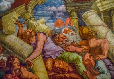 Tunnetuin manierismin fresko: Giulio Romanon illuusio keksii kupolin ja liuottaa huoneen arkkitehtuurin jättiläisten kaatumiseen, Hall of the Giants tekijältä Unbekannter Künstler
