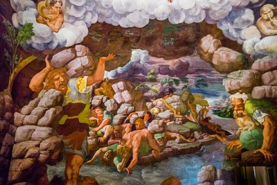 Tunnetuin manierismin fresko: Giulio Romanon illuusio keksii kupolin ja liuottaa huoneen arkkitehtuurin jättiläisten kaatumiseen, Hall of the Giants tekijältä Unbekannter Künstler