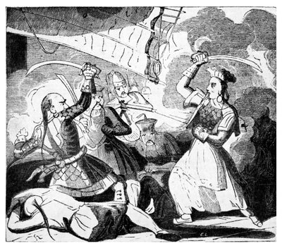 Rouva Ching heiluttelee miekkaa, n. 1810 (kaiverrus) tekijältä Unbekannter Künstler