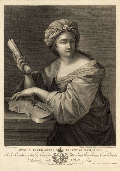 Musica inter artes ingenua numerata, Pietro Savorellin kaiverrus 1700-luvun barokkimaalarin Giovanni Francesco Romanellin maalauksen mukaan. tekijältä Unbekannter Künstler
