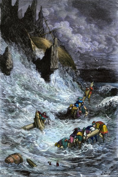 Myytit ja legendat: Sinbad (Sindbad) ja hänen seuralaisensa 1001 yön (tuhannen ja yhden yön) jälkeen. Gustave Doren värikaiverrus. tekijältä Unbekannter Künstler