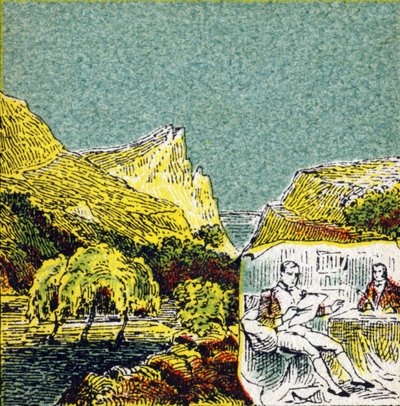 Napoleon I Bonaparte maanpaossa Sainte Helenen saarella. Kaiverrus kirjassa "Histoire de France". Mainoskuvasarja, joka on julkaistu Louit