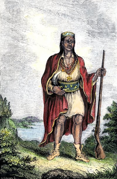 Amerikan alkuperäisväestö: Yhdysvaltojen intiaanit. Metacomet (n. 1639-1676), tunnetaan myös nimellä Kuningas Philip tai Metacom, wampanoagien päällikkö (Massachusetts, Uusi Englanti). Värikaiverrus. tekijältä Unbekannter Künstler