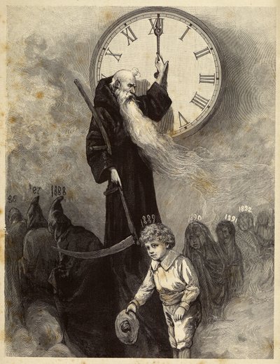 Uudenvuoden allegoria 1889, jossa vanha holvattu, vanhaa vuotta symboloiva vanha vuosi väistyy hymyilevän pikkupojan tieltä, joka symboloi uutta vuotta. Aika katselee kohtausta kääntämällä kellon viisareita. 1800-luvun kaiverrus tekijältä Unbekannter Künstler