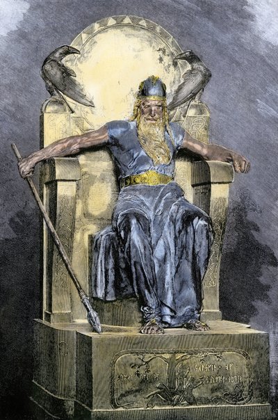 Pohjoismainen mytologia: jumaluus Wotan (Odin). Värikaiverrus 1800-luvulta. tekijältä Unbekannter Künstler