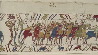 Norman sotilaat lähtevät Hastingsista taistelemaan Haroldin kanssa, Bayeux Tapestry (villakirjonta pellavalle) tekijältä Unbekannt