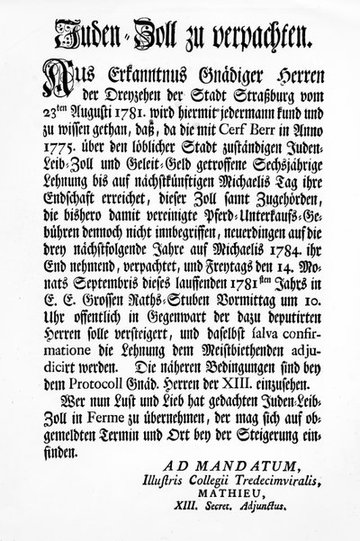Strasbourgin kolmentoista hallintoelimen (Tredecim Viri) ilmoitus julkisesta huutokaupasta oikeudesta periä "Juden Zoll" kolmen vuoden ajan tekijältä Unbekannt