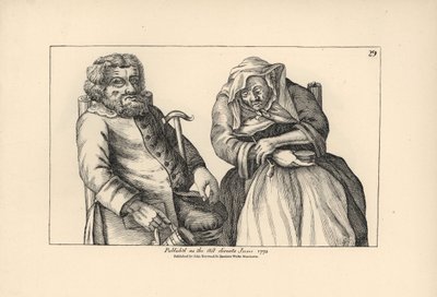 Vanha Darby tyhjän maljan kanssa ja Joan tupakkapiippunsa kanssa. Kuparikaiverrus Timothy Bobbinin (John Collier) (1708-1786) satiirisen kuvituksen mukaan teoksesta Human Passions Delineated, John Haywood, Manchester. tekijältä Unbekannter Künstler