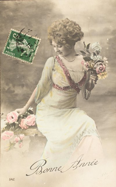 Vanha postikortti/Hyvää vuotta/Toive/Woman Belle Epoque tekijältä William M. Timlin