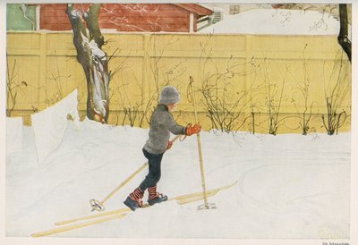 Yksi ruotsalaisen kuvittaja Carl Larssonin (1853-1919) lapsista, joka oppi liikkumaan suksilla. Piirustus "" Das haus in der sonne"" vuodelta 1921 tekijältä Unbekannt