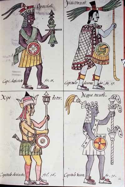Opochtli, Xipe Totec, Yacatecuhtli ja Nappatectli, sivu Florentine Codexista, Uuden Espanjan asioiden yleinen historia, Aztec tekijältä Benjamin Baud