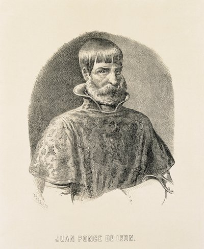 PONCE DE LEON, Juan (1460-1521). Puerto Ricon espanjalainen valloittaja (1508) ja Floridan löytäjä (1502) (kaiverrus). tekijältä Unbekannter Künstler