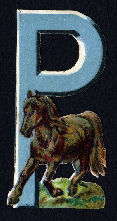 P kuin Pony. Beetle decoupis eläinten teemalla. Kaiverrus. Englanninkielisen 26 vohvelikromolitografian sarja. Toimittaja ja kuvittaja tuntematon. 1800-luvun loppu. Mitat: 5,5 x 3,5 cm tekijältä Unbekannt