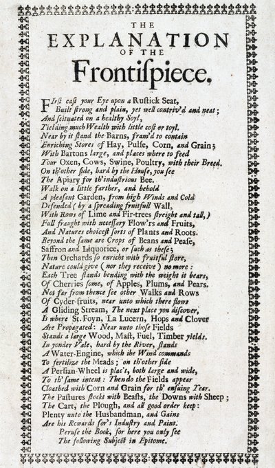 John Worlidgen (toimii 1669-1698) Lontoossa vuonna 1697 julkaistun julkaisun "Systema agriculturae: karjanhoidon mysteerin löytäminen" 4. painoksen otsikkosivu ja selitys runon muodossa. tekijältä Unbekannt