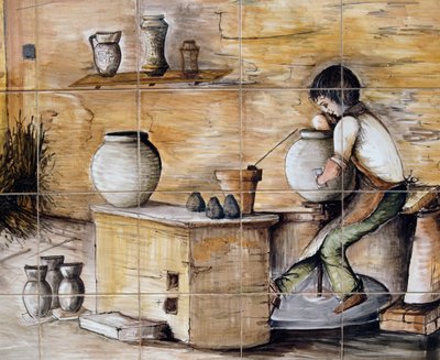 Maalattu maiolikapaneeli, jossa on keramiikan valmistusta esittävä kohtaus, käsityönä Ceramiche Desuir, Santo Stefano di Camastra, Sisilia, Italia, Yksityiskohta tekijältä William M. Timlin