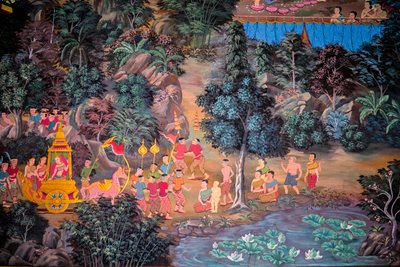 Maalauksia kyläkohtauksista Buddhan kanssa Thaimaassa, Wat bang riang, Thub Pat/ Paintings, Wat bang riang, Thub Pat, Phang Nga, Thaimaa, Aasia (kuva) tekijältä Unbekannter Künstler