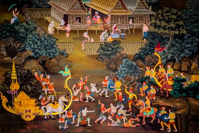 Maalauksia kyläkohtauksista Buddhan kanssa Thaimaassa, Wat bang riang, Thub Pat/ Paintings, Wat bang riang, Thub Pat, Phang Nga, Thaimaa, Aasia (kuva) tekijältä Unbekannter Künstler