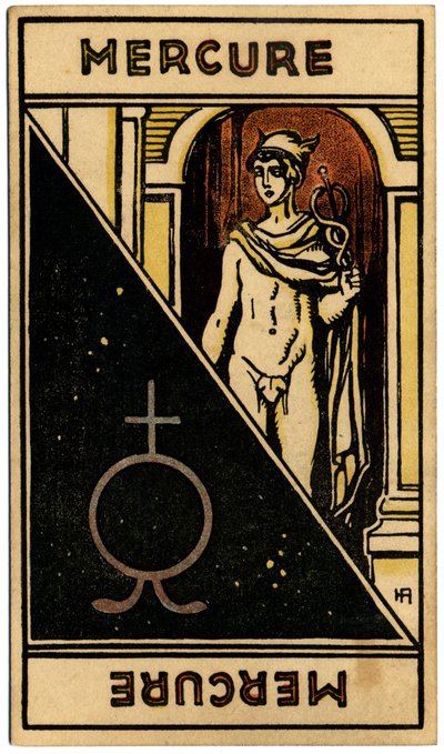 Paranormaalia. Astrologia. Merkurius-planeetta). Astrologiakortti: Le Tarot Astrologique (Astrologinen Tarot), kirjoittanut Georges Muchery, Ranska tekijältä Unbekannter Künstler