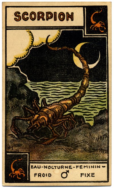 Paranormaalia. Astrologia. Skorpioni (Skorpioni). Astrologinen kortti: Le Tarot Astrologique (Astrologinen Tarot), kirjoittanut Georges Muchery, Ranska tekijältä Unbekannter Künstler