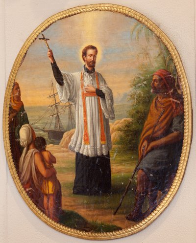 Seurakuntakirkko (Seurakunnan kirkko Sint-Dionysius van Lede). Sisustus. Maalaus soikeana medaljonkina. Pyhimys lähetyssaarnaajana. tekijältä Unbekannter Künstler