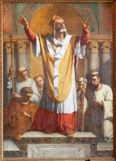 Seurakuntakirkko (Parochiale kerk Sint-Dionysius van Lede). Sisustus. Etelä käytävä. Alttari. Maalaus. Pyhä Denis. Signeerattu ja päivätty 1854 TheEodore-Joseph Canneel. tekijältä Unbekannter Künstler