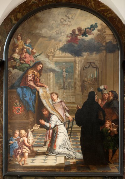 Seurakuntakirkko (Parish Church of Our Lady). Sisustus. Maalaus. Neitsyt Maria antaa lahjan Saint-Ildefonsukselle. tekijältä Unbekannter Künstler
