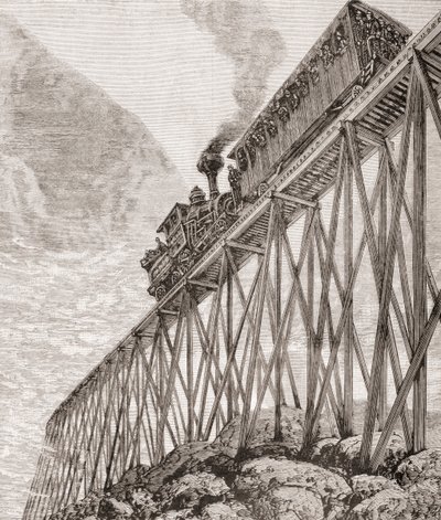 Osa neljä kilometriä pitkää rautatietä New Hampshiressa, Yhdysvalloissa, rakennettu virkistysmatkoja ja matkustajien panoraamanäkymiä varten, noin 1880, Barcelonan julkaisemasta El Mundo Ilustradosta tekijältä Unbekannt