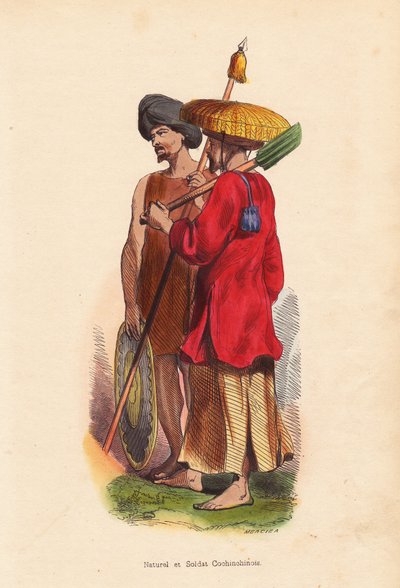 Peasant et soldat Cochinchinois (Vietnam) - Vietnamin (Cochinchine) miehet: sotilas turbaanin, kilven ja keihään kanssa ja maanviljelijä olkihattu, tunika ja lapio - Mercierin käsin värjätty puupiirros teoksesta "Moeurs, Uses et Costumes de tous les Peuple tekijältä Unbekannter Künstler