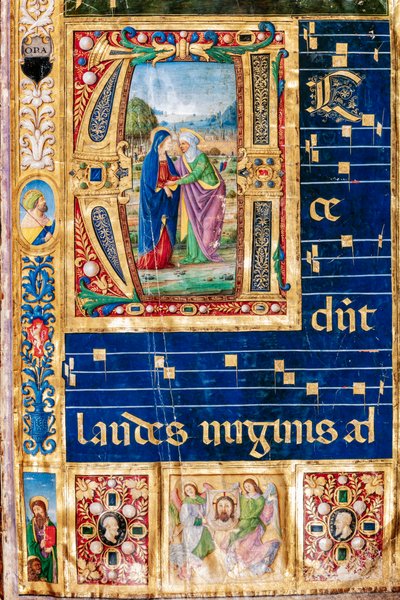 Piccolomini-kirjasto: Kuorokirja, cod. 14.P., ff. 2r "Marian ja Pyhän Marian vierailulla". Elizabeth, Giovanni di Giuliano Boccardi, joka tunnetaan nimellä Boccardino vanhin. Yksityiskohta. tekijältä Unbekannter Künstler