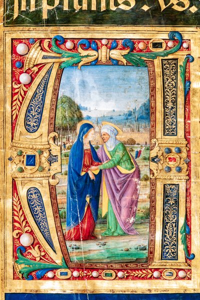 Piccolomini-kirjasto: Kuorokirja, cod. 14.P., ff. 2r "Marian ja Pyhän Marian vierailulla". Elizabeth, Giovanni di Giuliano Boccardi, joka tunnetaan nimellä Boccardino vanhin. Yksityiskohta. tekijältä Unbekannter Künstler