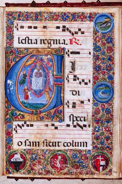 Piccolomini-kirjasto: Kuorokirja, cod. 15.Q., ff. 64r Guidoccio Cozzarellin ja Bernardino Cignonin "Assumption of the Virgin" kanssa. tekijältä Unbekannter Künstler