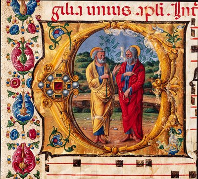 Piccolomini-kirjasto: kuorokirja, turska. 16.1, ff. 2r kappaleella "Kaksi apostolia", kirjoittanut Girolamo da Cremona. Yksityiskohta. tekijältä Unbekannter Künstler
