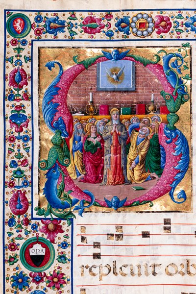Piccolomini-kirjasto: kuorokirja, turska. 23.8, ff. 100v kappaleella "The Pentecost", kirjoittanut Girolamo da Cremona. Yksityiskohta. tekijältä Unbekannter Künstler