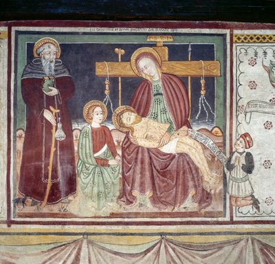 Pieta St Anthony Abbotin kanssa, fresko, Homo Salvadego -museo, Sacco, Cosio Valtellino, Lombardia, Italia tekijältä Benjamin Baud